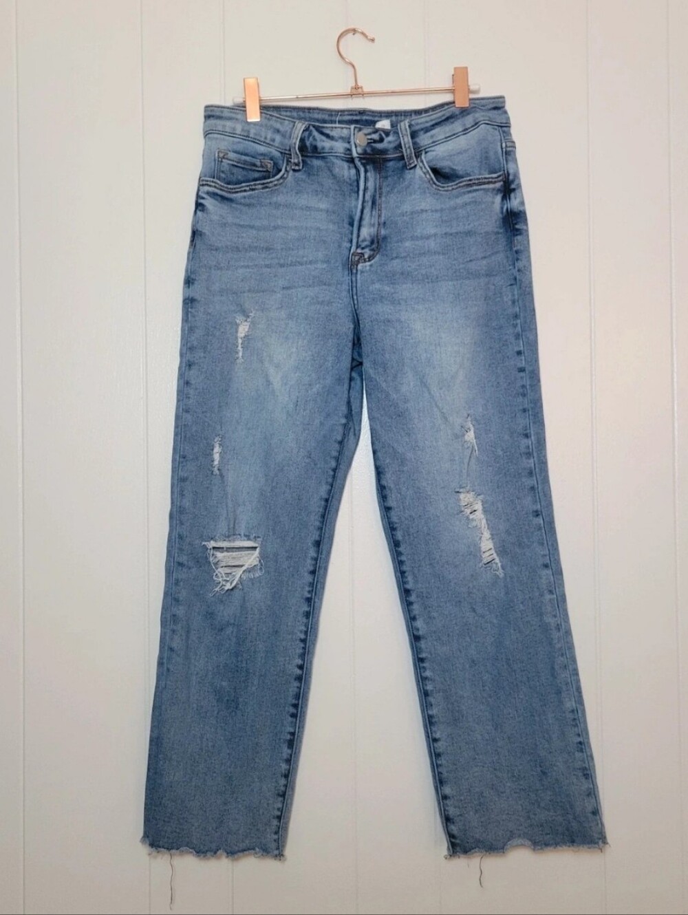 Altar'd State Distressed Blue Jeans Frayed Ripped Straight Ankle Crop Stretch 29